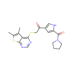 Cc1sc2ncnc(SCC(=O)c3c[nH]c(C(=O)N4CCCC4)c3)c2c1C ZINC000024511022