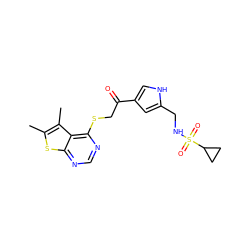 Cc1sc2ncnc(SCC(=O)c3c[nH]c(CNS(=O)(=O)C4CC4)c3)c2c1C ZINC000653730502