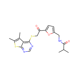 Cc1sc2ncnc(SCC(=O)c3ccc(CNC(=O)C(C)C)o3)c2c1C ZINC000653730858