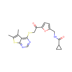 Cc1sc2ncnc(SCC(=O)c3ccc(CNC(=O)C4CC4)o3)c2c1C ZINC000653730597