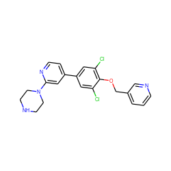 Clc1cc(-c2ccnc(N3CCNCC3)c2)cc(Cl)c1OCc1cccnc1 ZINC001772594022