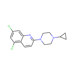 Clc1cc(Cl)c2ccc(N3CCN(C4CC4)CC3)nc2c1 ZINC000013607445