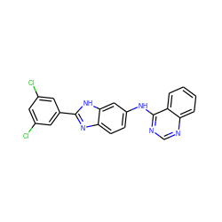 Clc1cc(Cl)cc(-c2nc3ccc(Nc4ncnc5ccccc45)cc3[nH]2)c1 ZINC000299829982