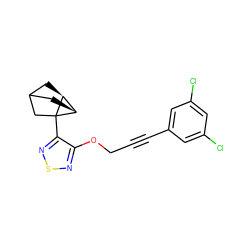 Clc1cc(Cl)cc(C#CCOc2nsnc2C23CC4C[C@H]2[C@H]3C4)c1 ZINC000026152009