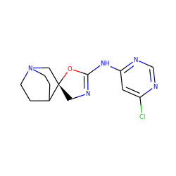 Clc1cc(NC2=NC[C@@]3(CN4CCC3CC4)O2)ncn1 ZINC001772578410