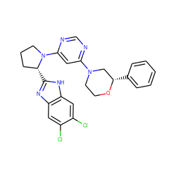 Clc1cc2nc([C@@H]3CCCN3c3cc(N4CCO[C@@H](c5ccccc5)C4)ncn3)[nH]c2cc1Cl ZINC000082157346