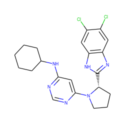 Clc1cc2nc([C@@H]3CCCN3c3cc(NC4CCCCC4)ncn3)[nH]c2cc1Cl ZINC000082154246