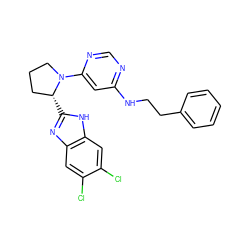 Clc1cc2nc([C@@H]3CCCN3c3cc(NCCc4ccccc4)ncn3)[nH]c2cc1Cl ZINC000082154546