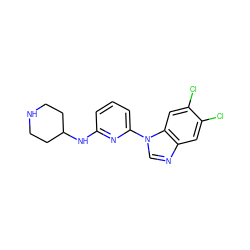 Clc1cc2ncn(-c3cccc(NC4CCNCC4)n3)c2cc1Cl ZINC000029044643