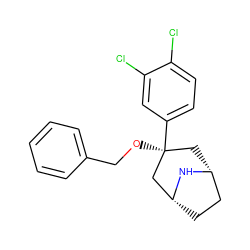 Clc1ccc([C@@]2(OCc3ccccc3)C[C@@H]3CC[C@H](C2)N3)cc1Cl ZINC000101300690