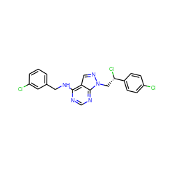 Clc1ccc([C@@H](Cl)Cn2ncc3c(NCc4cccc(Cl)c4)ncnc32)cc1 ZINC000029136269