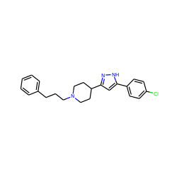 Clc1ccc(-c2cc(C3CCN(CCCc4ccccc4)CC3)n[nH]2)cc1 ZINC000013763826