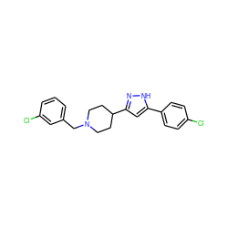 Clc1ccc(-c2cc(C3CCN(Cc4cccc(Cl)c4)CC3)n[nH]2)cc1 ZINC000013763820