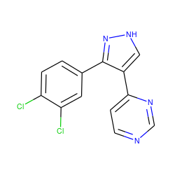 Clc1ccc(-c2n[nH]cc2-c2ccncn2)cc1Cl ZINC000063298101