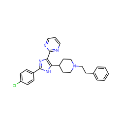 Clc1ccc(-c2nc(-c3ncccn3)c(C3CCN(CCc4ccccc4)CC3)[nH]2)cc1 ZINC000142685474