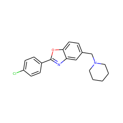 Clc1ccc(-c2nc3cc(CN4CCCCC4)ccc3o2)cc1 ZINC000000068825