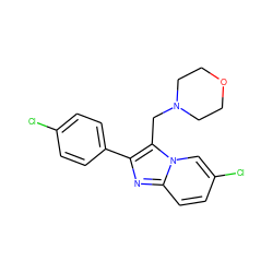 Clc1ccc(-c2nc3ccc(Cl)cn3c2CN2CCOCC2)cc1 ZINC000020366649