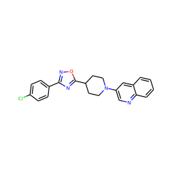 Clc1ccc(-c2noc(C3CCN(c4cnc5ccccc5c4)CC3)n2)cc1 ZINC000040395152