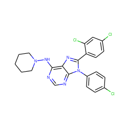 Clc1ccc(-n2c(-c3ccc(Cl)cc3Cl)nc3c(NN4CCCCC4)ncnc32)cc1 ZINC000040976165