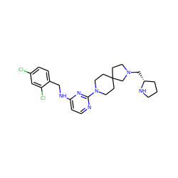 Clc1ccc(CNc2ccnc(N3CCC4(CCN(C[C@@H]5CCCN5)C4)CC3)n2)c(Cl)c1 ZINC000653842166