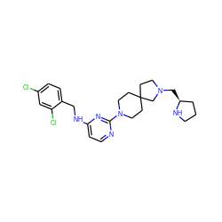 Clc1ccc(CNc2ccnc(N3CCC4(CCN(C[C@H]5CCCN5)C4)CC3)n2)c(Cl)c1 ZINC000653842167