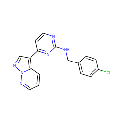 Clc1ccc(CNc2nccc(-c3cnn4ncccc34)n2)cc1 ZINC000034269603