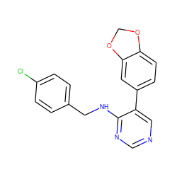 Clc1ccc(CNc2ncncc2-c2ccc3c(c2)OCO3)cc1 ZINC000072134113