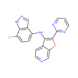 Clc1ccc(Nc2c(-c3ncccn3)oc3cnccc23)c2cn[nH]c12 ZINC000066079408