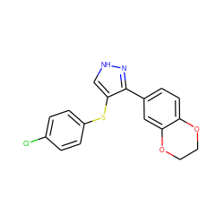 Clc1ccc(Sc2c[nH]nc2-c2ccc3c(c2)OCCO3)cc1 ZINC000000128458