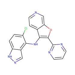 Clc1ccc2[nH]ncc2c1Nc1c(-c2ncccn2)oc2cnccc12 ZINC000066079412