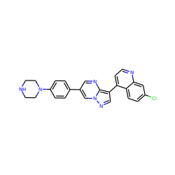 Clc1ccc2c(-c3cnn4cc(-c5ccc(N6CCNCC6)cc5)cnc34)ccnc2c1 ZINC000040879536