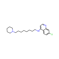 Clc1ccc2c(NCCCCCCCCN3CCCCC3)ccnc2c1 ZINC000013472669