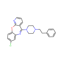 Clc1ccc2c(c1)N=C(N1CCN(CCc3ccccc3)CC1)c1cccnc1O2 ZINC000084635507