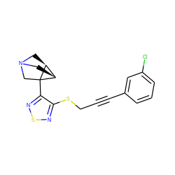 Clc1cccc(C#CCSc2nsnc2C23CN4C[C@H]2[C@H]3C4)c1 ZINC000013798034