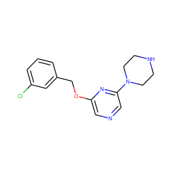 Clc1cccc(COc2cncc(N3CCNCC3)n2)c1 ZINC000014211319