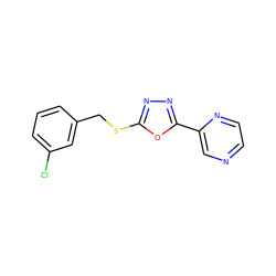 Clc1cccc(CSc2nnc(-c3cnccn3)o2)c1 ZINC000095573166