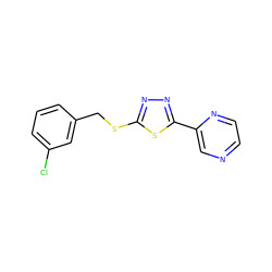 Clc1cccc(CSc2nnc(-c3cnccn3)s2)c1 ZINC000095576174