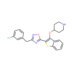 Clc1cccc(Cc2noc(-c3sc4ccccc4c3OC3CCNCC3)n2)c1 ZINC000169307405