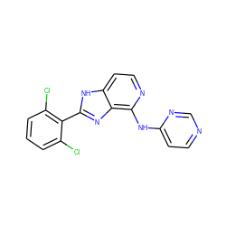 Clc1cccc(Cl)c1-c1nc2c(Nc3ccncn3)nccc2[nH]1 ZINC000118777421