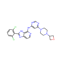 Clc1cccc(Cl)c1-c1nc2ccnc(Nc3cc(N4CCN(C5COC5)CC4)ncn3)c2[nH]1 ZINC001772617226