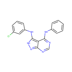 Clc1cccc(Nc2[nH]nc3ncnc(Nc4ccccc4)c23)c1 ZINC000003815265