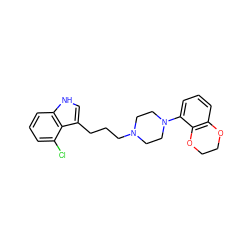 Clc1cccc2[nH]cc(CCCN3CCN(c4cccc5c4OCCO5)CC3)c12 ZINC000013674824