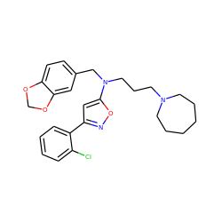 Clc1ccccc1-c1cc(N(CCCN2CCCCCC2)Cc2ccc3c(c2)OCO3)on1 ZINC000013437502