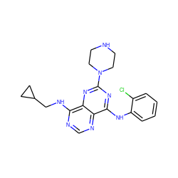 Clc1ccccc1Nc1nc(N2CCNCC2)nc2c(NCC3CC3)ncnc12 ZINC000084633020