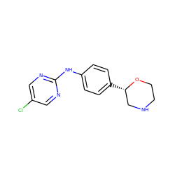 Clc1cnc(Nc2ccc([C@H]3CNCCO3)cc2)nc1 ZINC000149933380