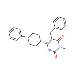 Cn1c(=O)[nH]c([C@H]2CC[C@@H](c3ccccc3)CC2)c(Cc2ccccc2)c1=O ZINC000254133039