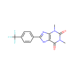 Cn1c(=O)c2[nH]c(-c3ccc(C(F)(F)F)cc3)nc2n(C)c1=O ZINC000013832728