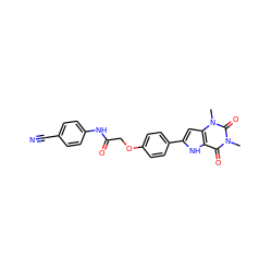 Cn1c(=O)c2[nH]c(-c3ccc(OCC(=O)Nc4ccc(C#N)cc4)cc3)cc2n(C)c1=O ZINC000013678777