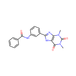 Cn1c(=O)c2[nH]c(-c3cccc(NC(=O)c4ccccc4)c3)nc2n(C)c1=O ZINC000073197884