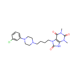 Cn1c(=O)c2c([nH]c(=O)n2CCCCN2CCN(c3cccc(Cl)c3)CC2)n(C)c1=O ZINC000028652789